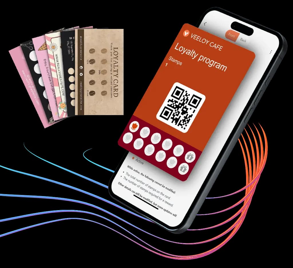 Digital loyalty card with QR code on a phone, replacing a stack of paper stamp cards